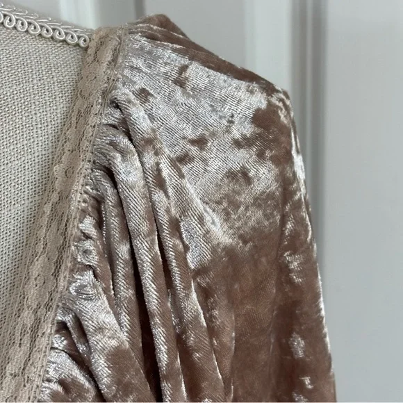 Entro Champagne Crushed Velvet Ruffle Twist Babydoll Top Size M Pleated Peplum - Picture 3 of 11